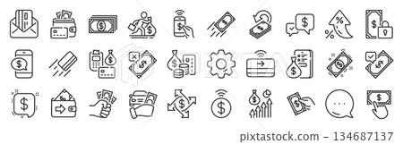 Payment wallet line icons. Settings gear, Message, Inflation icons. Set of Accept money transfer, Pay with Phone and Credit card by mail icons. Vector Payment wallet line icons. Settings gear, Message, Inflation icons. Set of Accept money transfer, Pay with Phone and Credit card by mail icons. Vector 134687137