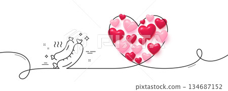 Grilled sausage line icon. Continuous line big heart. Barbecue meat food sign. Hot grill wiener symbol. 3d hearts in heart shaped loop. Grilled sausage single line ribbon. Loop curve pattern. Vector 134687152
