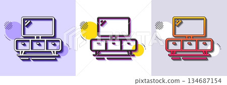 Tv stand line icon. Halftone dotted pattern. Gradient icon with grain shadow. Home furniture sign. Modern dresser symbol. Line tv stand icon. Various designs. Vector 134687154