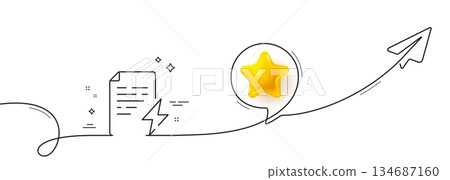 Power certificate line icon. Continuous line with share plane. Electric energy document sign. Charge manual symbol. 3d star in speech bubble. Power certificate single line ribbon. Vector 134687160