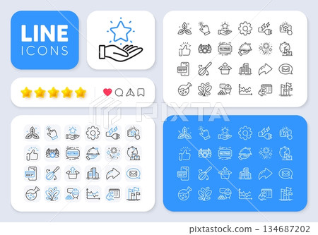Send box, Fair trade and Laureate medal line icons for web app. Message, Share, Like social media icons. Pack of Diagram chart, Electricity plug, Fast delivery pictogram icons. Vector 134687202