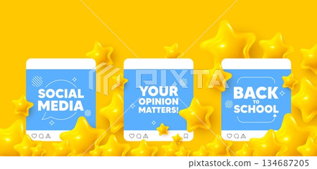 Opinion matters social media post. Back to school template. Your opinion matters tag. Survey or feedback sign. Client comment. Like, comment and share icons. Vector 134687205