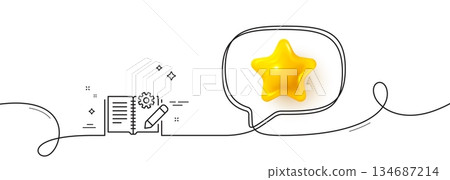 Engineering documentation line icon. Continuous line with 3d star. Technical instruction sign. 3d star in speech bubble. Engineering documentation single line ribbon. Loop curve pattern. Vector Engineering documentation line icon. Continuous line with 3d star. Technical instruction sign. 3d star in speech bubble. Engineering documentation single line ribbon. Loop curve pattern. Vector 134687214