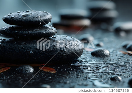 濕潤的黑色河石營造出禪意般的氛圍。 134687336