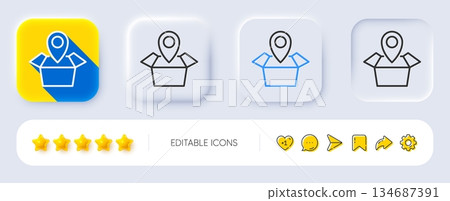 Package tracking line icon. Neumorphic, Flat shadow, 3d buttons. Delivery monitoring sign. Shipping box location symbol. Line package location icon. Social media icons. Vector 134687391
