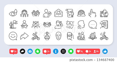 Smile face, Love letter and Survey line icons pack. Social media: share, comment, like icons. Lgbt, Leadership, Cursor web icon. Team work, Inclusion, Manual doc pictogram. Vector 134687400