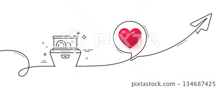 Dishwasher line icon. Continuous line with share plane. Wash dishes and plates sign. Dish cleaning machine symbol. 3d heart in speech bubble. Dishwasher single line ribbon. Loop curve pattern. Vector 134687425