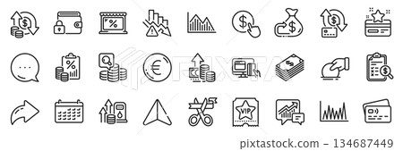 Loyalty card, Online payment and Market line icons pack. Share, Message, Paper plane icons. Investment graph, Accounting, Cashback web icon. Donate, Line graph, Lock pictogram. Vector 134687449