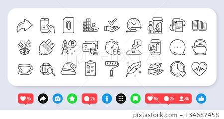 Dermatologically tested, Timer and Santa hat line icons pack. Social media: share, comment, like icons. Time schedule, Money, Inventory web icon. Dating, Fireworks, Lightweight pictogram. Vector 134687458