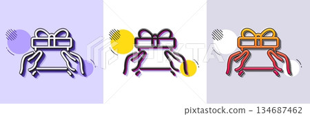 Give a Gift box line icon. Halftone dotted pattern. Gradient icon with grain shadow. Present or Sale sign. Birthday Shopping symbol. Package in Gift Wrap. Line give present icon. Vector 134687462