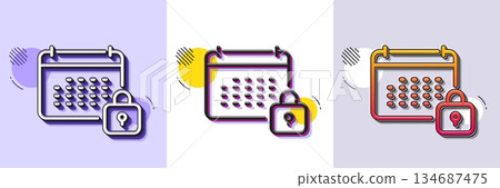 Calendar locked line icon. Halftone dotted pattern. Gradient icon with grain shadow. Annual planner sign. Event schedule symbol. Line calendar icon. Various designs. Vector 134687475