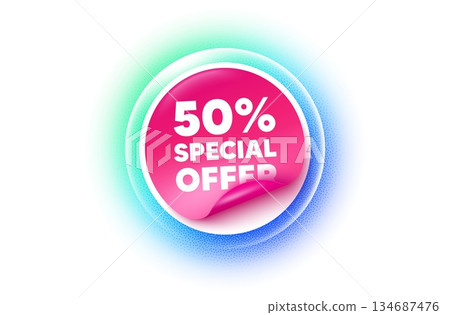 Discount sticker blue gradient. Paper offer price tag. 50 percent discount offer tag. Sale price promo sign. Special offer symbol. Sticker label. Grain dots effect. Vector 134687476