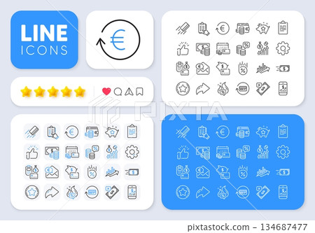 Money calendar, Mobile finance and Money tax line icons for web app. Message, Share, Like social media icons. Pack of Payment, Hot offer, Salary pictogram icons. Vector 134687477