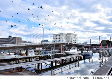 View of the fishing port at the mouth of the Ebi River in Funabashi View of the fishing port at the mouth of the Ebi River in Funabashi 134687541