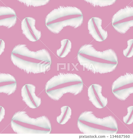 White fluffy cloud lips, stripes in a seamless pattern on a pink background. Watercolor template for Valentine's Day, wedding or textile, wallpaper 134687560