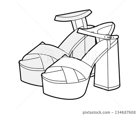Platform block heel sandal shoe women sketch pair. Wide strap dress shoe for club, festival, evening outfit. Platform block heel sandal shoe women sketch pair. Wide strap dress shoe for club, festival, evening outfit. 134687608