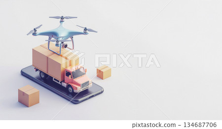 智慧物流和電子商務圖片：智慧型手機上的無人機和送貨卡車 134687706