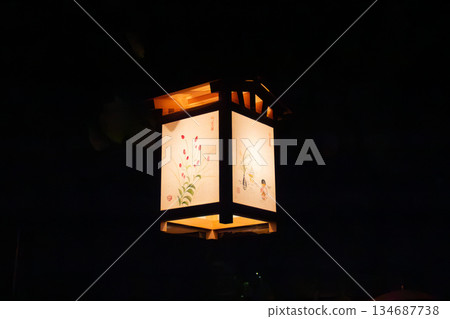 在向島百花園，和紙燈籠和描繪賞月場景的日式庭園燈照亮了夜空。 134687738