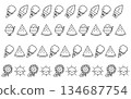 Set of 4 cute monochrome line drawing decorative lines in a hand-drawn style (summer motifs: ice cream, shaved ice, watermelon, sunflower, sun) 134687754