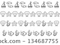 Set of four hand-drawn monochrome line art decorative sea motifs (yacht, fish, shell, starfish) 134687755