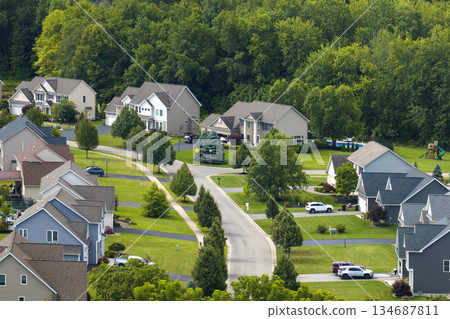 Residential homes in suburban sprawl development in Rochester, New York. Low-density two story private houses in rural suburbs. Housing market in the USA 134687811