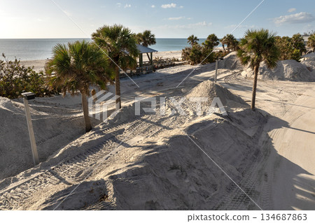 Piles of sand at Charlotte County sand recipient site at Englewood Beach on Manasota Key as hurricane Milton aftermath cleanup Piles of sand at Charlotte County sand recipient site at Englewood Beach on Manasota Key as hurricane Milton aftermath cleanup 134687863