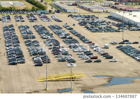 New cars for distribution at factory parking lot New cars for distribution at factory parking lot 134687887