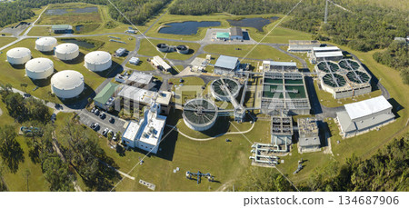 Modern water cleaning facility at urban wastewater treatment plant. Purification process of removing undesirable chemicals, suspended solids and gases from contaminated liquid 134687906