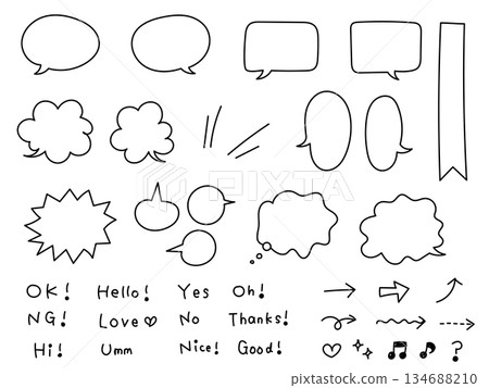 A set of cute hand-drawn speech bubbles, arrows, and letters (black lines, no fill) A set of cute hand-drawn speech bubbles, arrows, and letters (black lines, no fill) 134688210