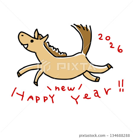 New Year's card illustration for the Year of the Horse 2026, featuring a cute hand-drawn horse New Year's card illustration for the Year of the Horse 2026, featuring a cute hand-drawn horse 134688288