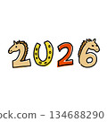 A Year of the Horse illustration for 2026, featuring a horse's face and horseshoe 134688290