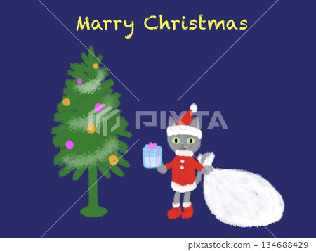 貓咪聖誕老人和聖誕樹賀卡 134688429
