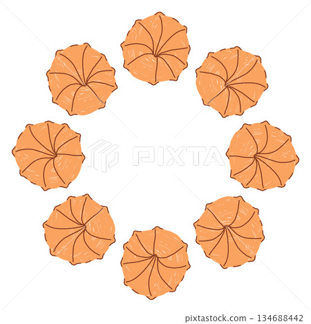 Hand drawn circular cookie frame in a simple doodle style, featuring cute baked shapes arranged in a soft, cozy wreath on a white background. Perfect for festive designs, labels, sweet themed branding 134688442