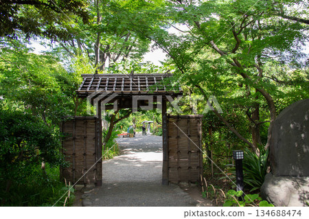 The Kido Gate of Mukojima Hyakkaen Gardens, surrounded by fresh greenery, and a Japanese garden in summer 134688474
