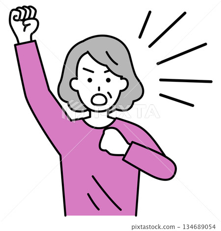 一位老婦人舉起拳頭抗議。 134689054