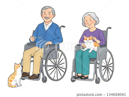 A scene of a grandmother and grandfather sitting in wheelchairs, gently stroking a cat curled up on their laps. A scene of a grandmother and grandfather sitting in wheelchairs, gently stroking a cat curled up on their laps. 134689091