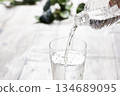 Pour water from a plastic bottle into a glass 134689095