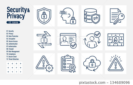 一套 12 個安全和隱私相關的商務圖標 一套 12 個安全和隱私相關的商務圖標 134689096