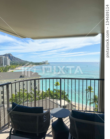 View of Waikiki Beach and Diamond Head from the Moana Surfrider Lanai in Hawaii 134689114