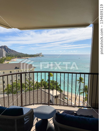 View of Waikiki Beach and Diamond Head from the Moana Surfrider Lanai in Hawaii 134689119