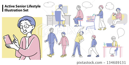 A set of illustrations depicting the daily and digital lives of elderly people A set of illustrations depicting the daily and digital lives of elderly people 134689131