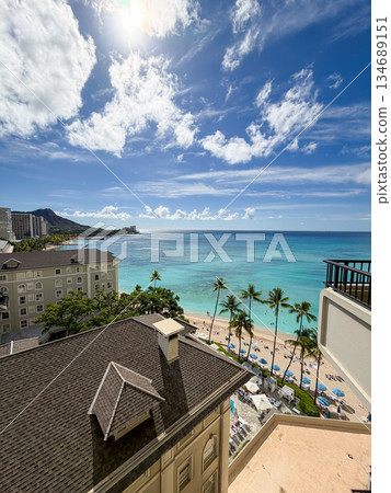View of Waikiki Beach and Diamond Head from the Moana Surfrider Lanai in Hawaii 134689151