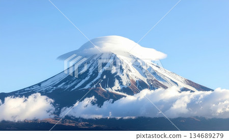人工智慧影像：富士山雲霧繚繞，藍天白雲 134689279