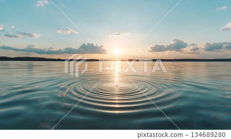 Serene Sunset Reflections on Calm Waters with Gentle Ripples and Dramatic Cloudscape Serene Sunset Reflections on Calm Waters with Gentle Ripples and Dramatic Cloudscape 134689280