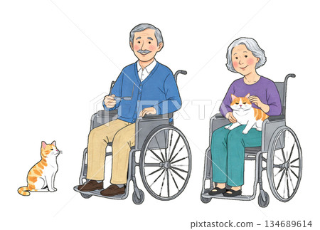 A scene of a grandmother and grandfather sitting in wheelchairs, gently stroking a cat curled up on their laps. A scene of a grandmother and grandfather sitting in wheelchairs, gently stroking a cat curled up on their laps. 134689614