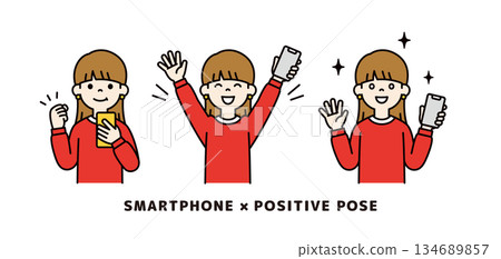 一位年輕女性手持智慧型手機的上半身向量插圖_積極姿勢集_彩色 134689857