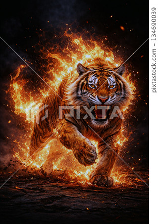 Tiger Made of Flames Running Forward in Fire Storm 134690039