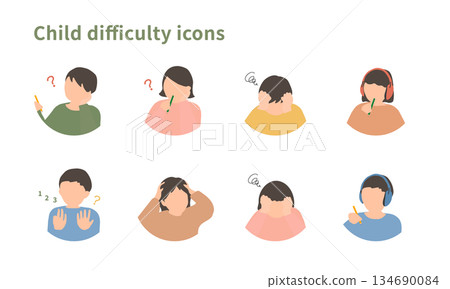 一組小學生在學習和學校生活中遇到困難的圖片。 134690084