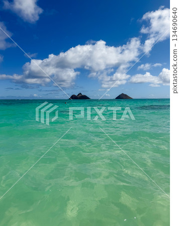 夏威夷拉尼凱海灘，白沙清澈，碧空如洗，熱帶風光 134690640