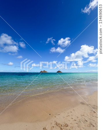 夏威夷拉尼凱海灘，白沙清澈，碧空如洗，熱帶風光 134690653